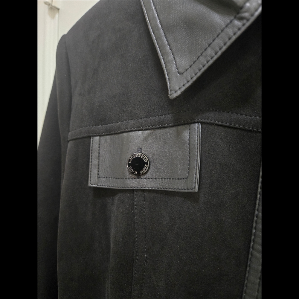 Karl Lagerfeld Black Trench Belted Faux Leather Trim Midi Shirt Dress Size 8 NWT - Picture 4 of 13